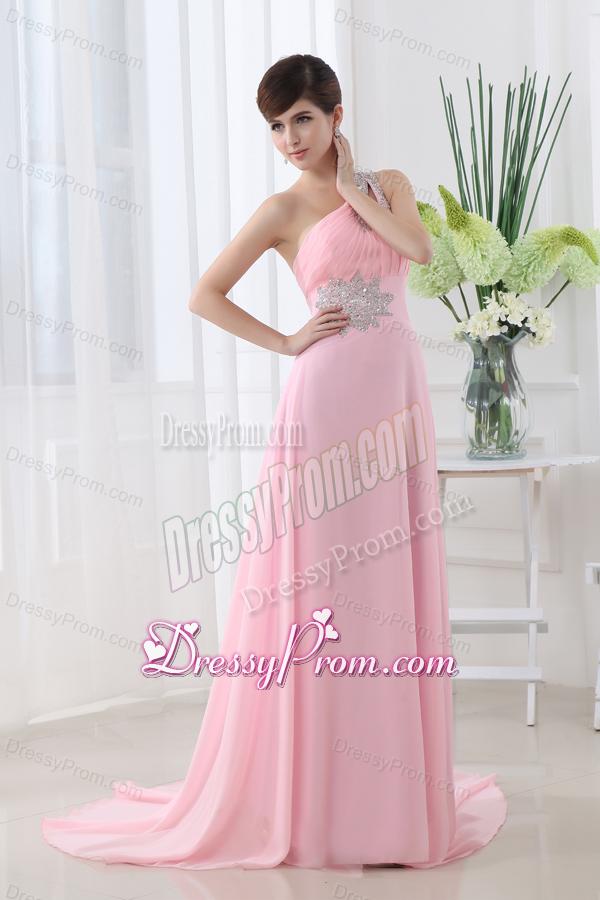 Baby Pink One Shoulder Court Train Chiffon Prom Dress with Beading and Ruching