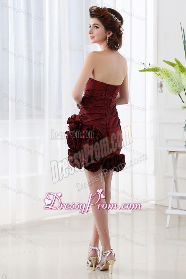 Column Burgundy Beadings Hand Made Flowers Sweetheart Prom Dress