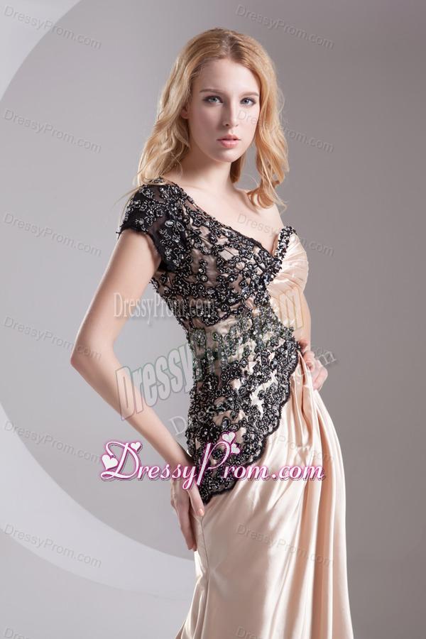 Column Champagne One Shoulder Beading Appliques Taffeta Prom Dress