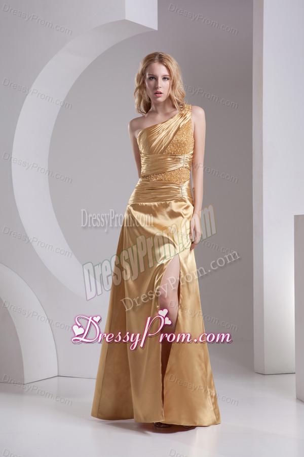 Column One Shoulder High Slit Beading Ruching Taffeta Prom Dress in Gold