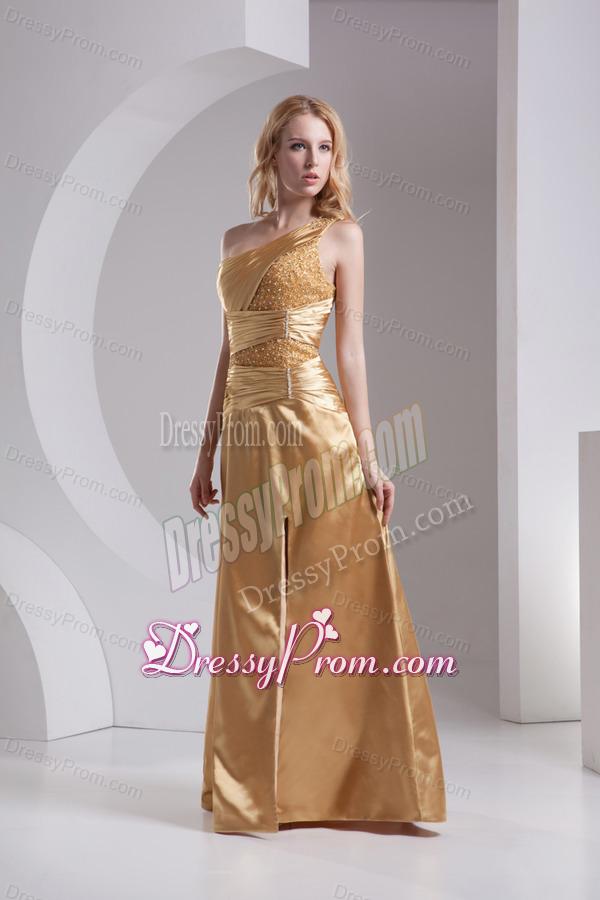 Column One Shoulder High Slit Beading Ruching Taffeta Prom Dress in Gold