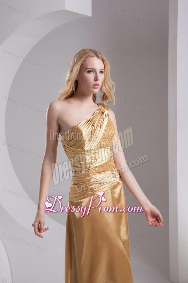 Column One Shoulder High Slit Beading Ruching Taffeta Prom Dress in Gold