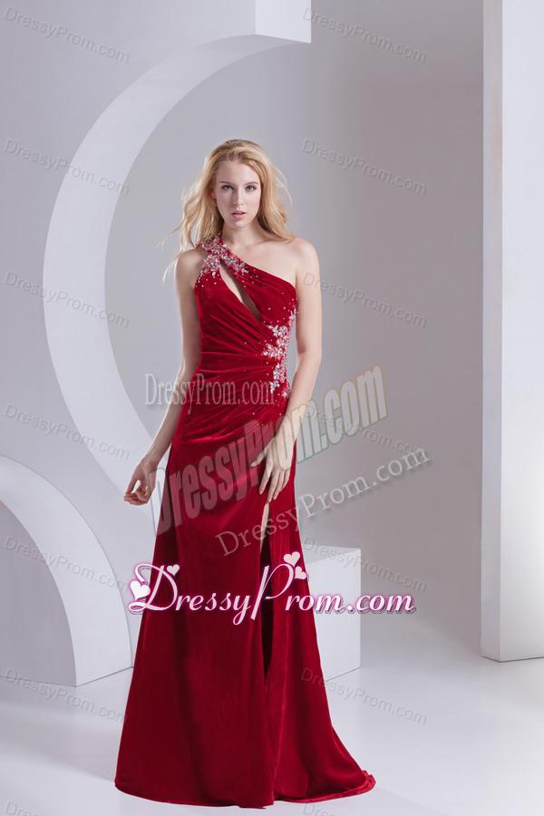 Column One Shoulder Special Fabric Beading High Slit Wine Red Prom Dress
