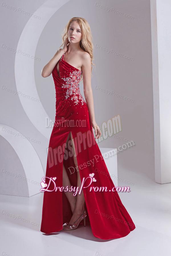 Column One Shoulder Special Fabric Beading High Slit Wine Red Prom Dress