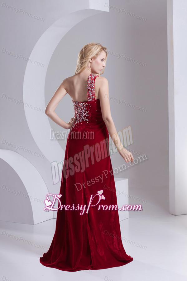 Column One Shoulder Special Fabric Beading High Slit Wine Red Prom Dress