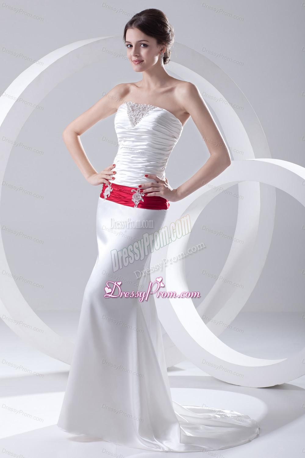 Column Ruchings Belt Beading White Brush Train Dress for Prom