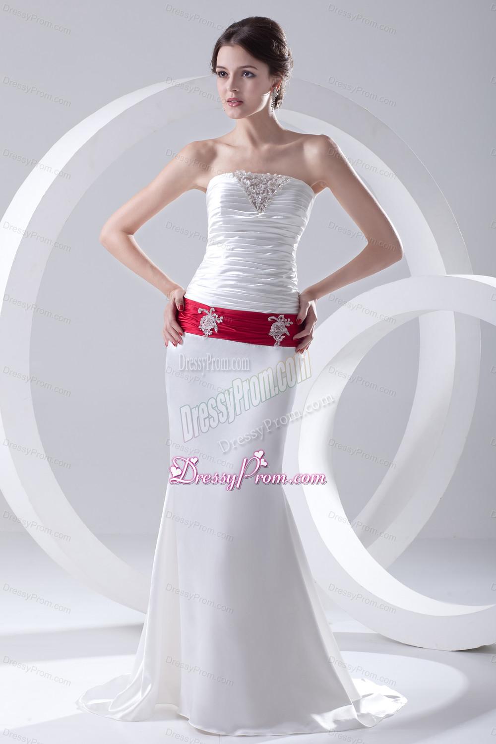 Column Ruchings Belt Beading White Brush Train Dress for Prom