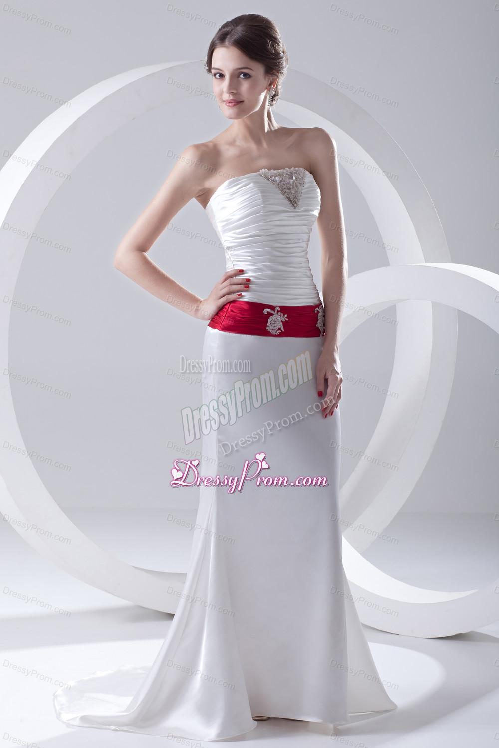 Column Ruchings Belt Beading White Brush Train Dress for Prom