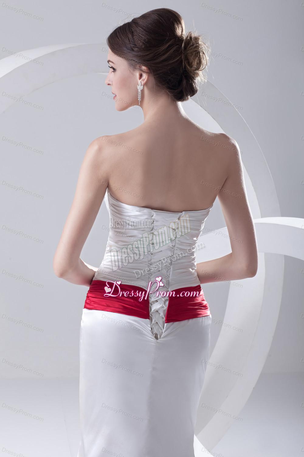 Column Ruchings Belt Beading White Brush Train Dress for Prom