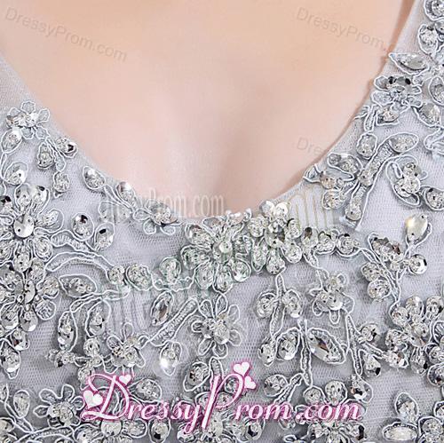 Column Square Court Train Appliques Beading Taffeta White Prom Dress