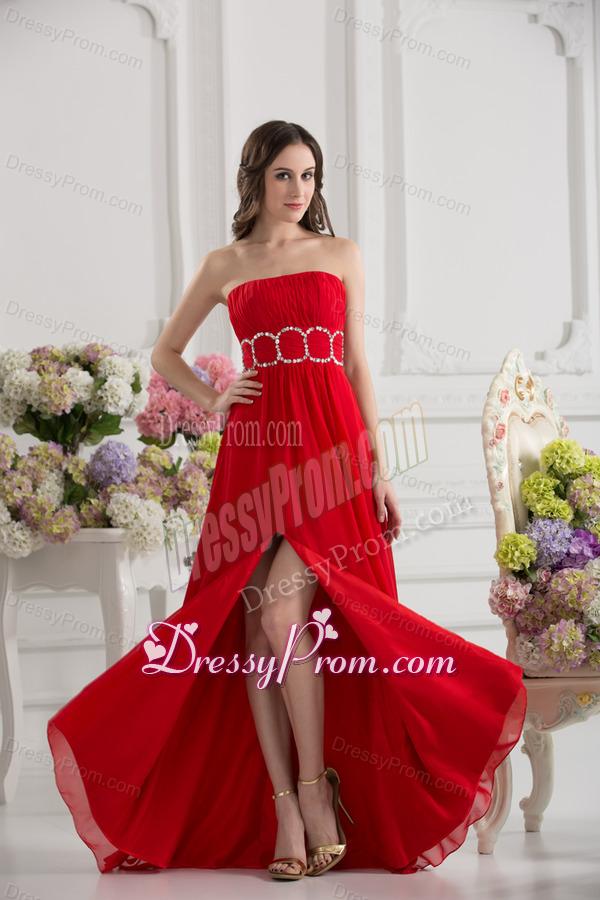 Empier Strapless Chiffon Beading Ruching High Slit Red Prom Dress