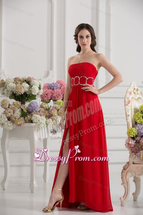 Empier Strapless Chiffon Beading Ruching High Slit Red Prom Dress