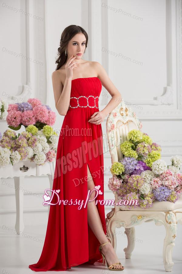 Empier Strapless Chiffon Beading Ruching High Slit Red Prom Dress