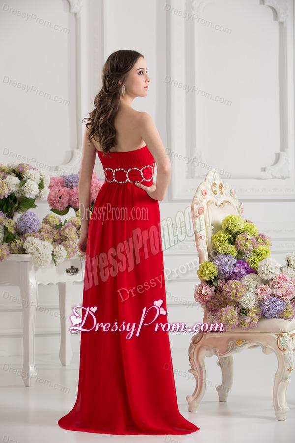 Empier Strapless Chiffon Beading Ruching High Slit Red Prom Dress