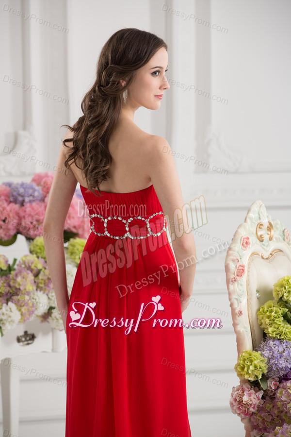 Empier Strapless Chiffon Beading Ruching High Slit Red Prom Dress