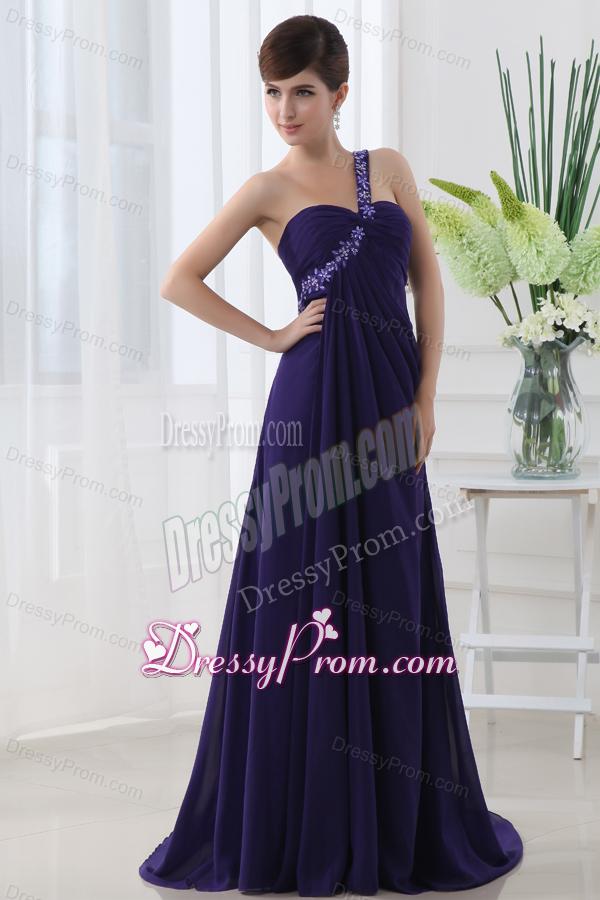 Empire One Shoulder Brush Train Appliques Purple Prom Dress