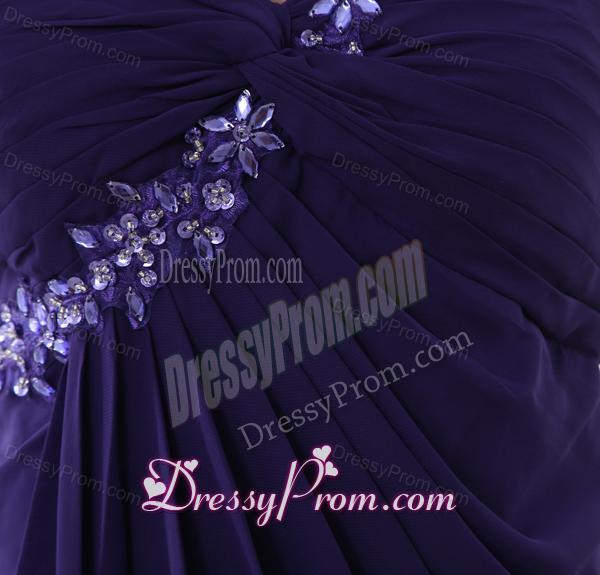Empire One Shoulder Brush Train Appliques Purple Prom Dress