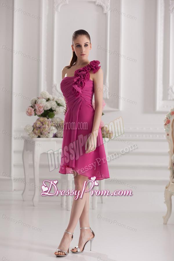 Empire One Shoulder Hand Made Flowers Ruching Fuchsia Dress Prom