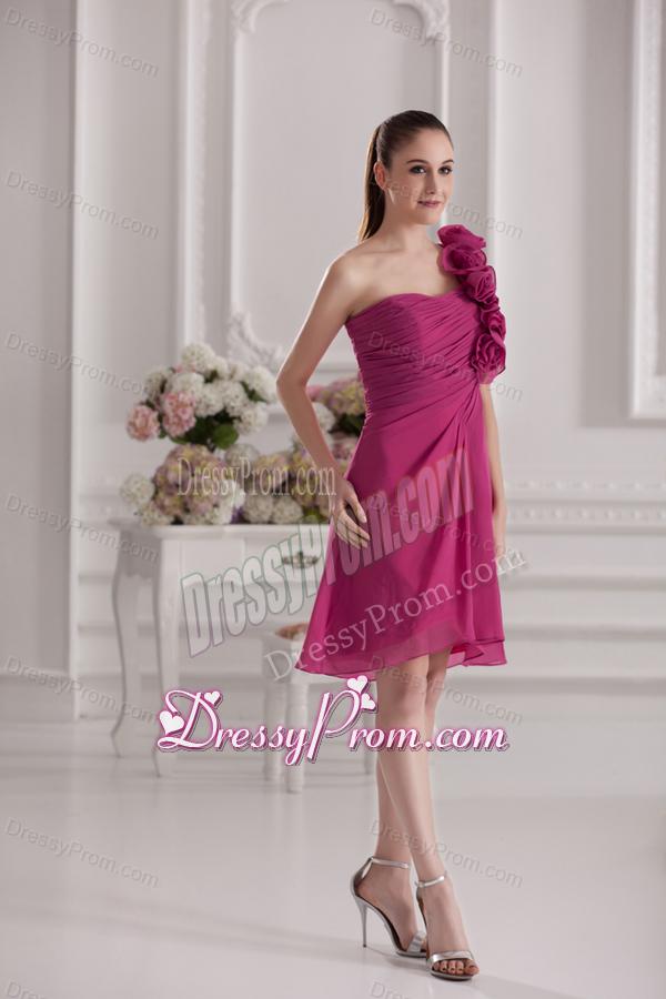 Empire One Shoulder Hand Made Flowers Ruching Fuchsia Dress Prom