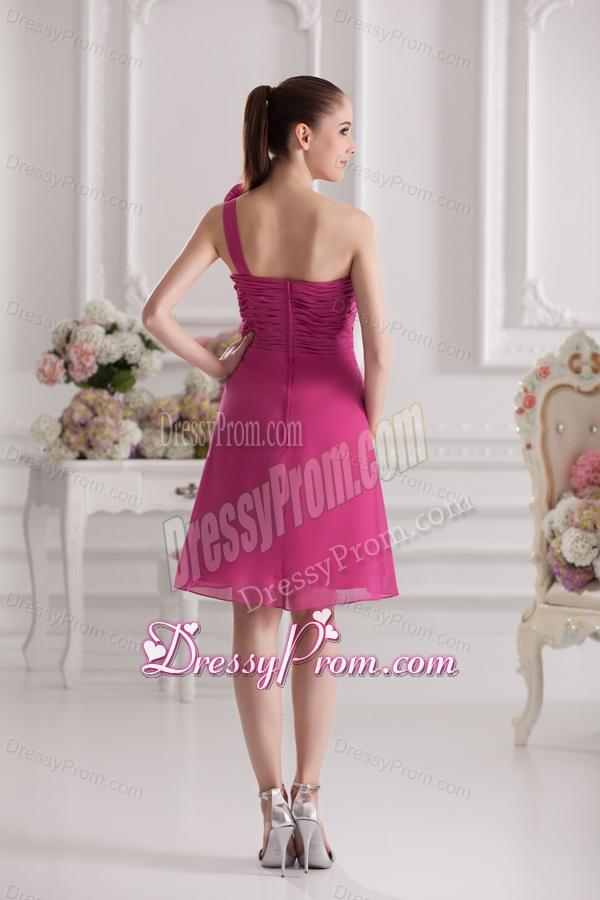 Empire One Shoulder Hand Made Flowers Ruching Fuchsia Dress Prom