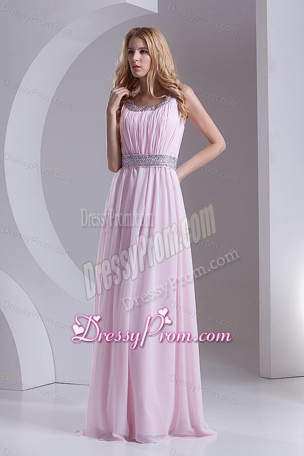 Empire Scoop Chiffon Beading Ruching Baby Pink Prom Dress
