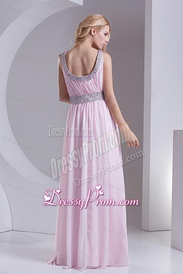 Empire Scoop Chiffon Beading Ruching Baby Pink Prom Dress