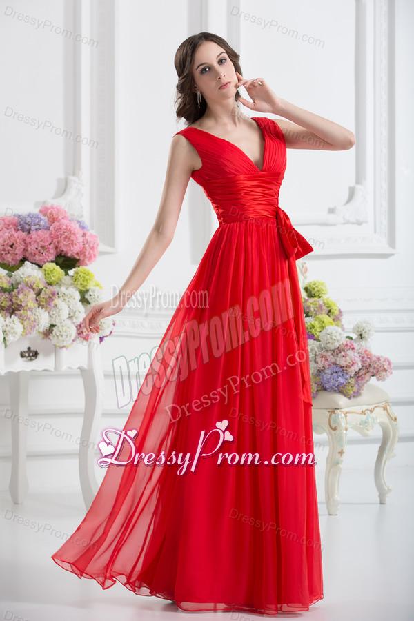 Empire V-neck Ruching Sashes Chiffon Prom Dress with Wine Red