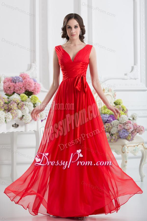 Empire V-neck Ruching Sashes Chiffon Prom Dress with Wine Red