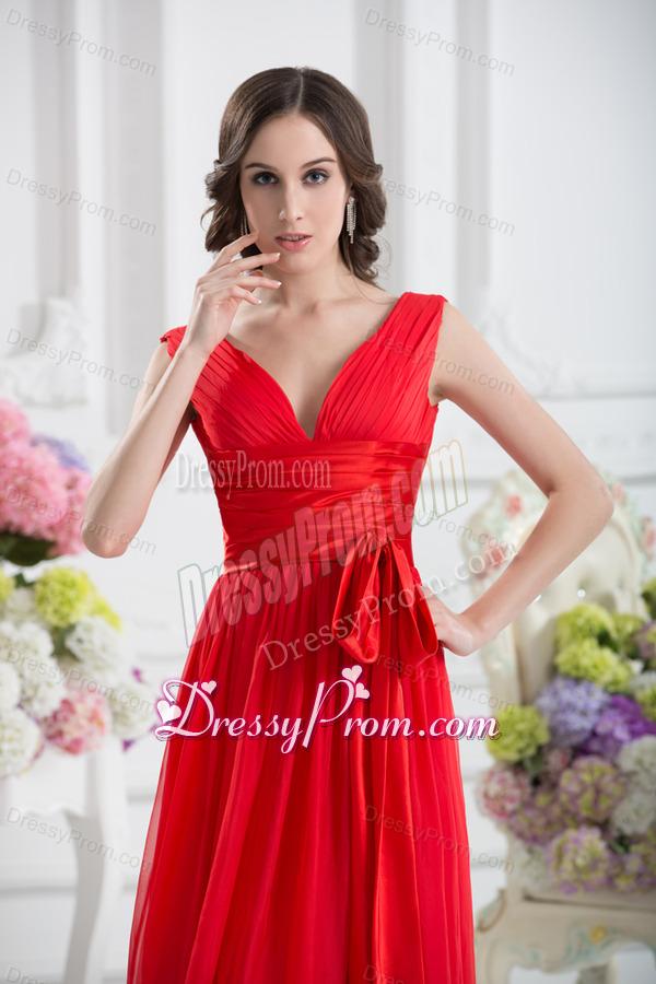 Empire V-neck Ruching Sashes Chiffon Prom Dress with Wine Red