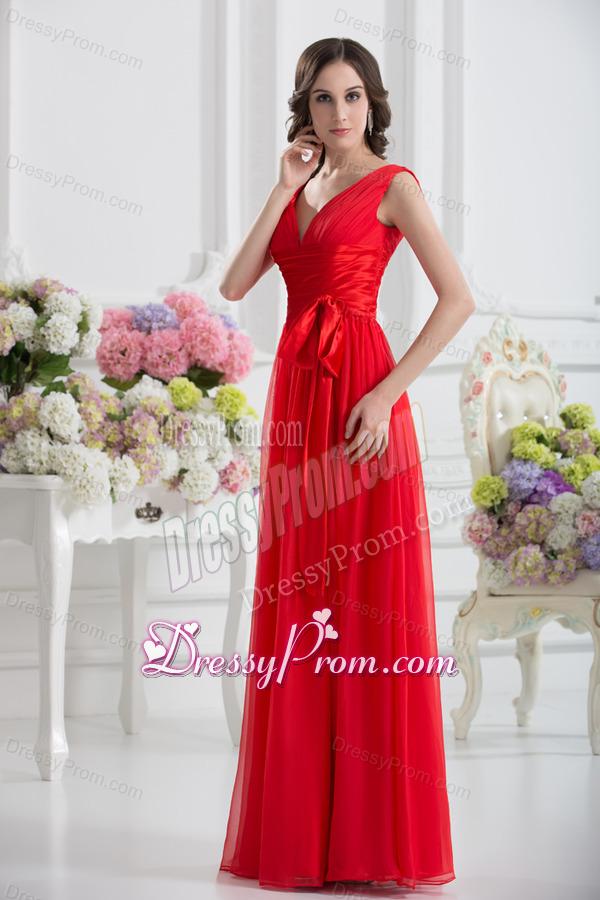 Empire V-neck Ruching Sashes Chiffon Prom Dress with Wine Red
