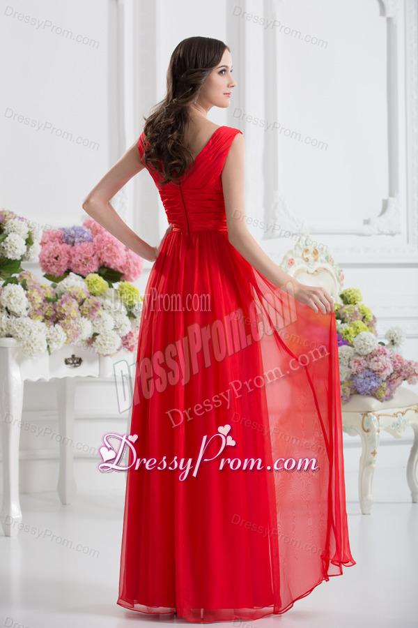 Empire V-neck Ruching Sashes Chiffon Prom Dress with Wine Red