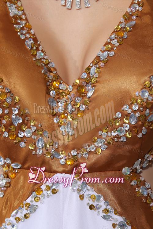 Empire White V-neck Beading Chiffon High Slit Brush Train Prom Dress