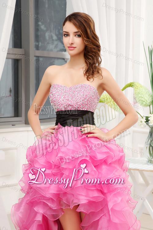 Hot Pink Strapless Belt Beading Ruffles High-Low Organza Prom Dress for 2014