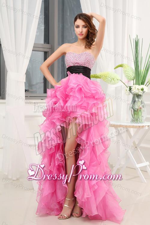 Hot Pink Strapless Belt Beading Ruffles High-Low Organza Prom Dress for 2014