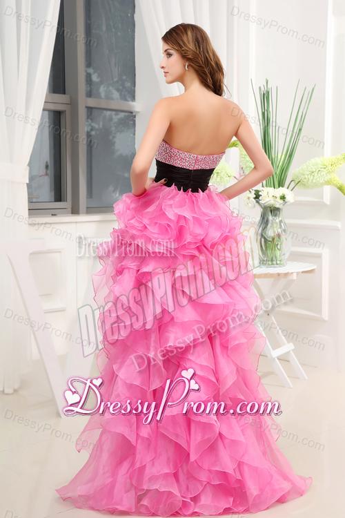 Hot Pink Strapless Belt Beading Ruffles High-Low Organza Prom Dress for 2014