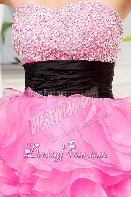 Hot Pink Strapless Belt Beading Ruffles High-Low Organza Prom Dress for 2014