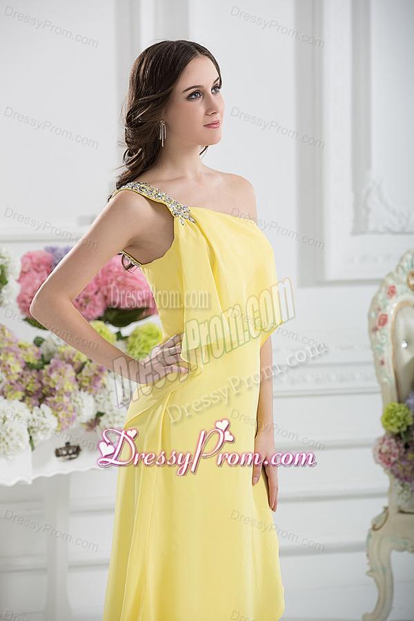 One Shoulder Column Ruching and Beading Prom Dress in Yellow