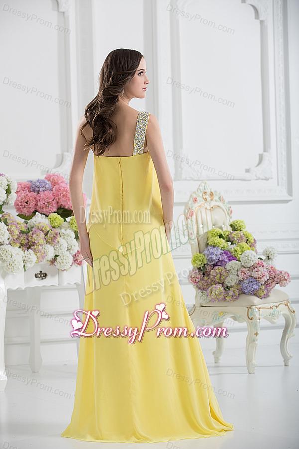 One Shoulder Column Ruching and Beading Prom Dress in Yellow