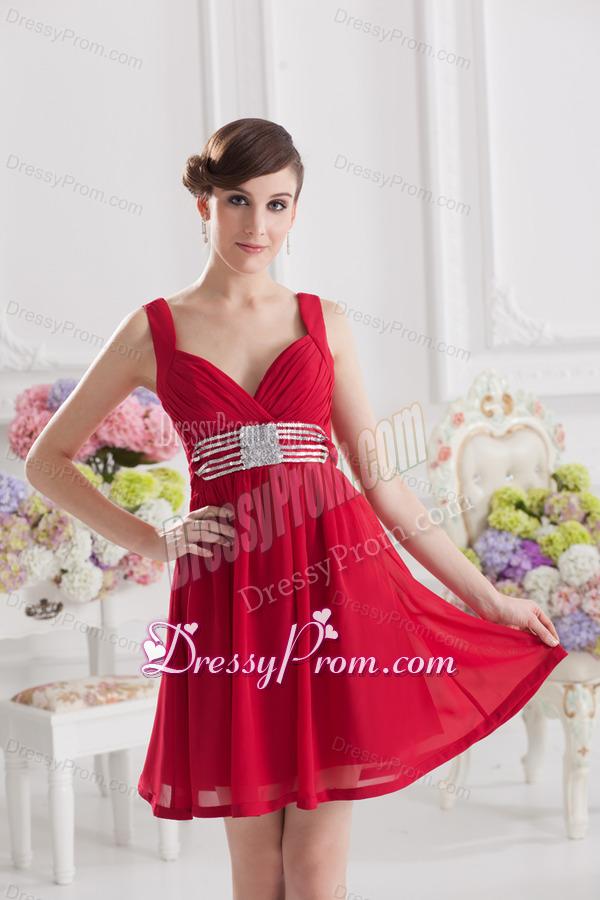 Red Empire Straps Prom Dress with Ribbons and Beading