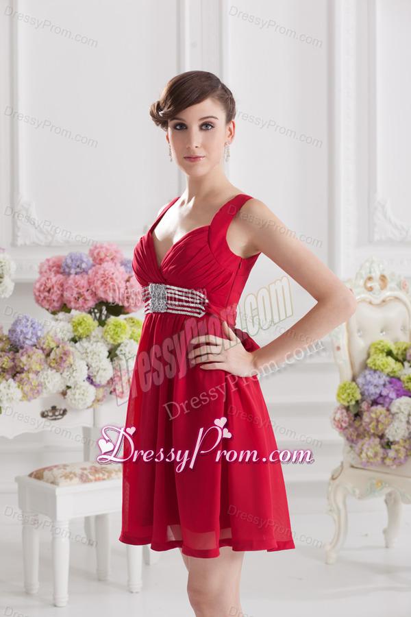 Red Empire Straps Prom Dress with Ribbons and Beading