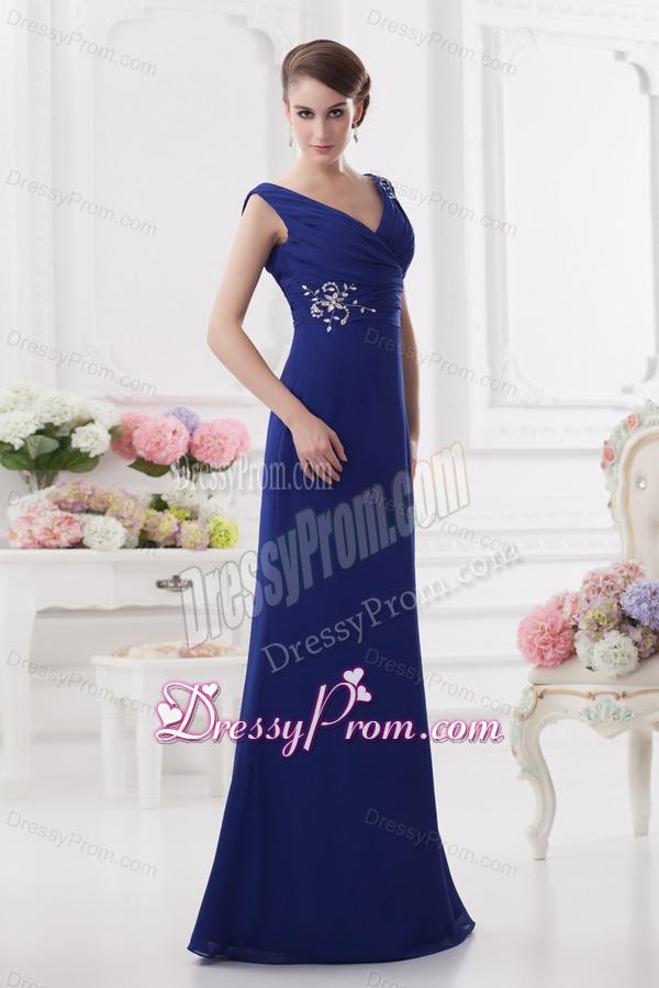 Ruching and Beading V-neck Column Dark Blue Prom Dress