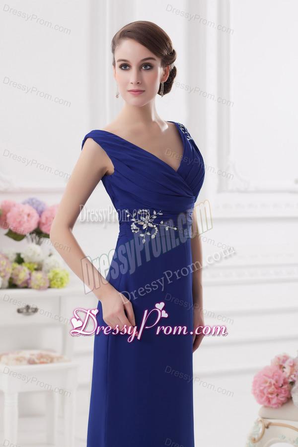 Ruching and Beading V-neck Column Dark Blue Prom Dress