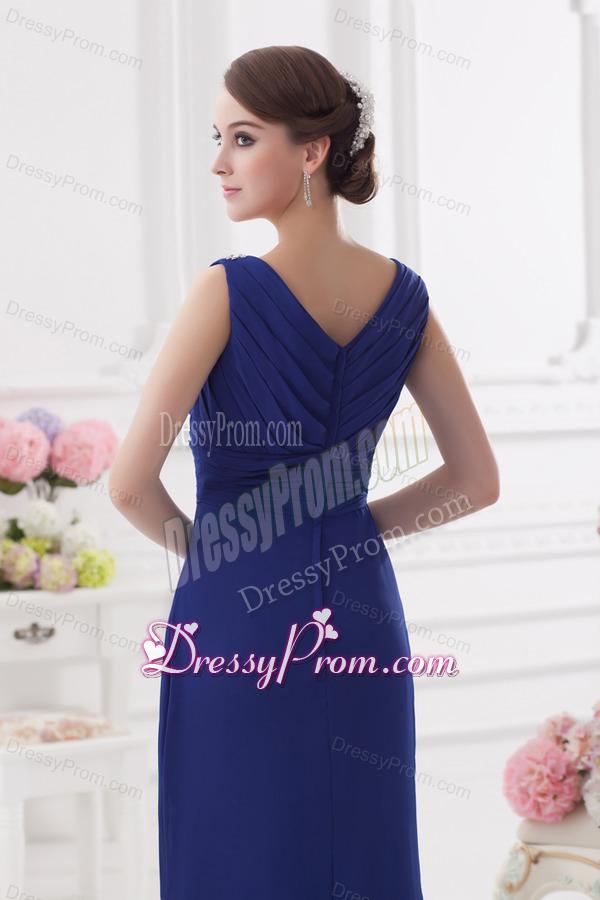 Ruching and Beading V-neck Column Dark Blue Prom Dress