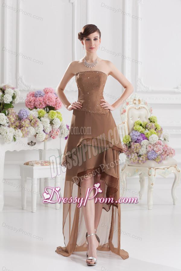Saddle Brown A-line Strapless Chiffon High-low Prom Dress with Beading
