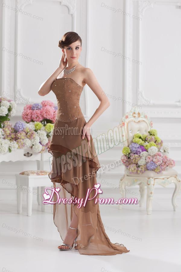 Saddle Brown A-line Strapless Chiffon High-low Prom Dress with Beading