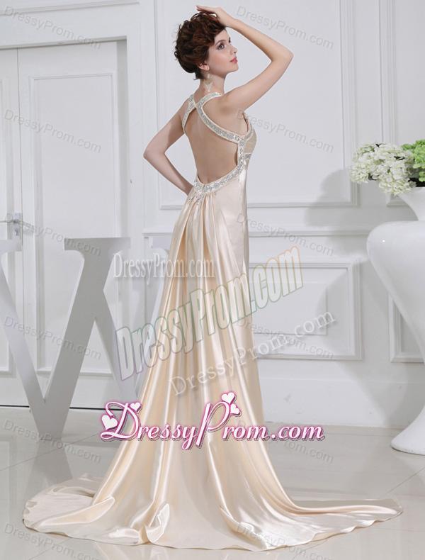 A-line Halter Top Floor-length Beading Elastic Woven Satin Prom Dress