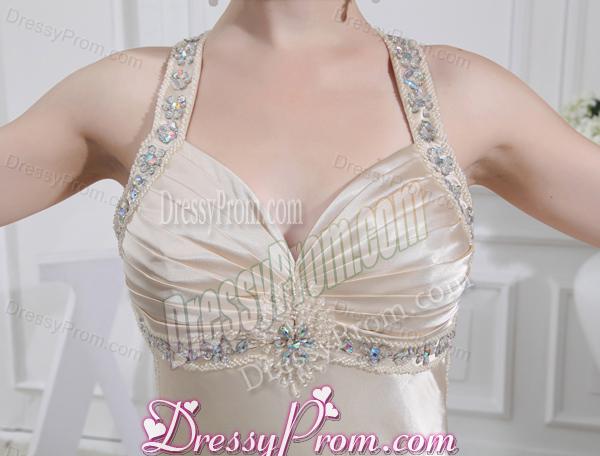 A-line Halter Top Floor-length Beading Elastic Woven Satin Prom Dress