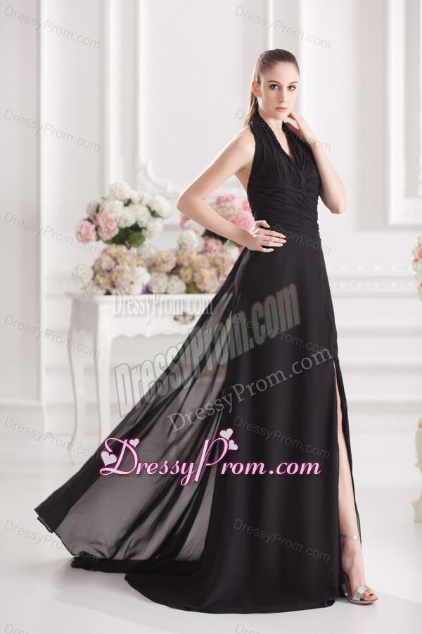 A-line Halter Top Floor-length Chiffon Black High Slit Prom Dress