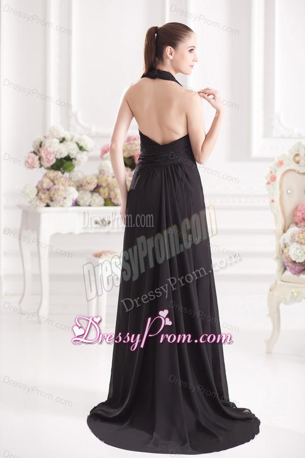 A-line Halter Top Floor-length Chiffon Black High Slit Prom Dress