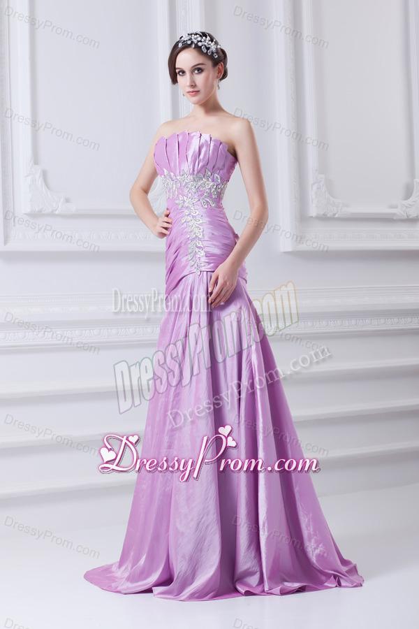 A-line Strapless Lilac Taffeta Appliques with Beading Prom Dress